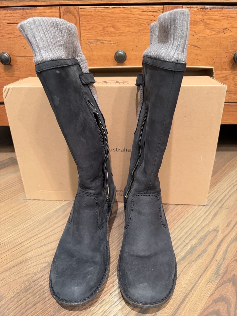 UGG Black Knee-High Wedge Zip Boots with Gray Knit Cuff